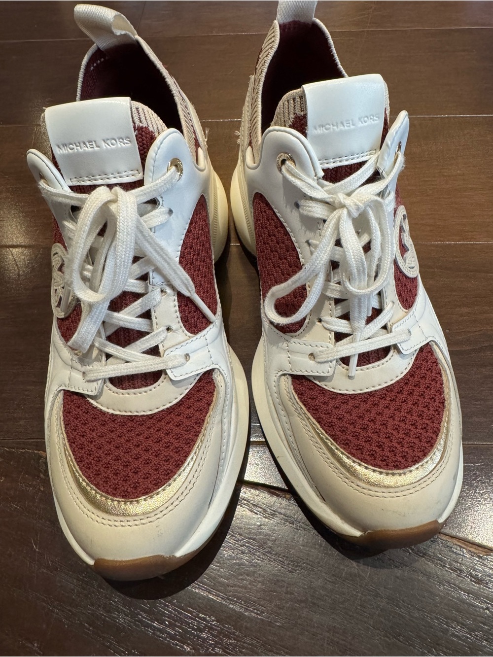Michael Kors White and Burgundy Lace-Up Mesh Sneakers